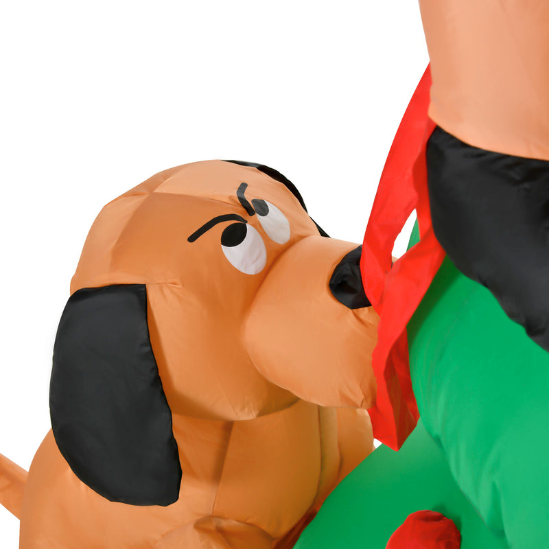 Close-up of a decorative detail on the 6ft Christmas tree and Santa dog inflatable
