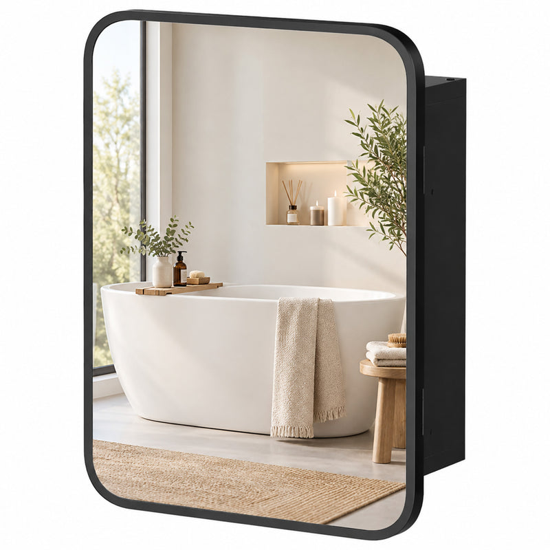 Black compact wall-mounted bathroom mirror cabinet with magnetic door and adjustable shelf