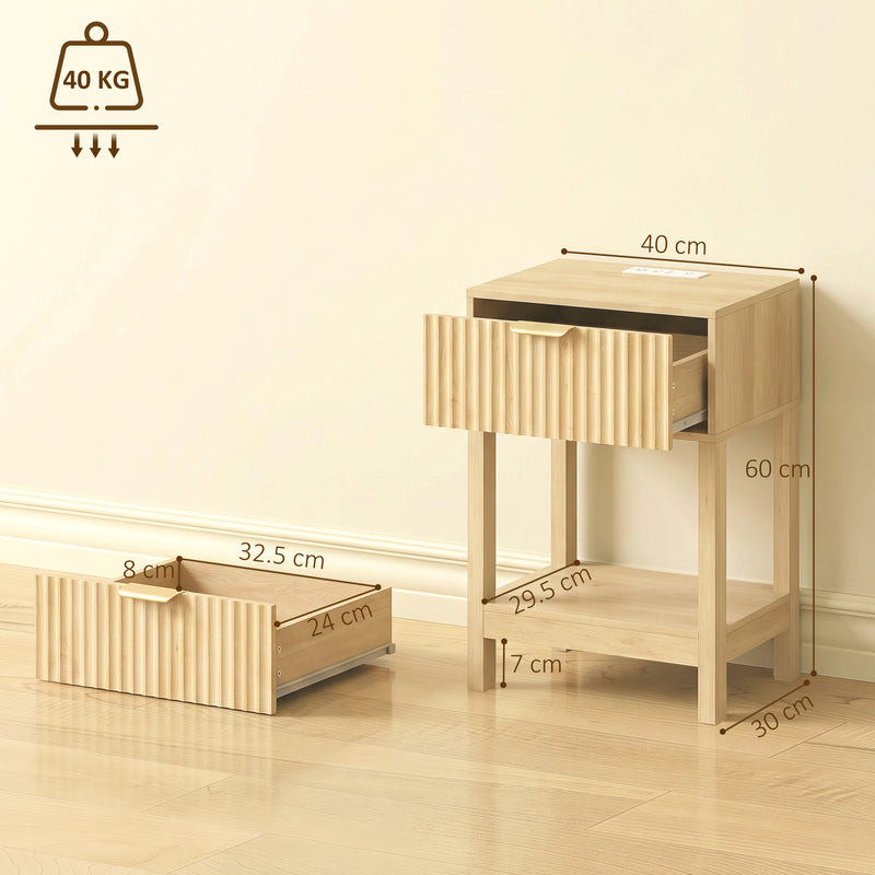 HOMCOM Modern Fluted Nightstand Set of 2, Bedside Table with Charging Station, Drawer and Open Shelf for Bedroom, Oak – view 3