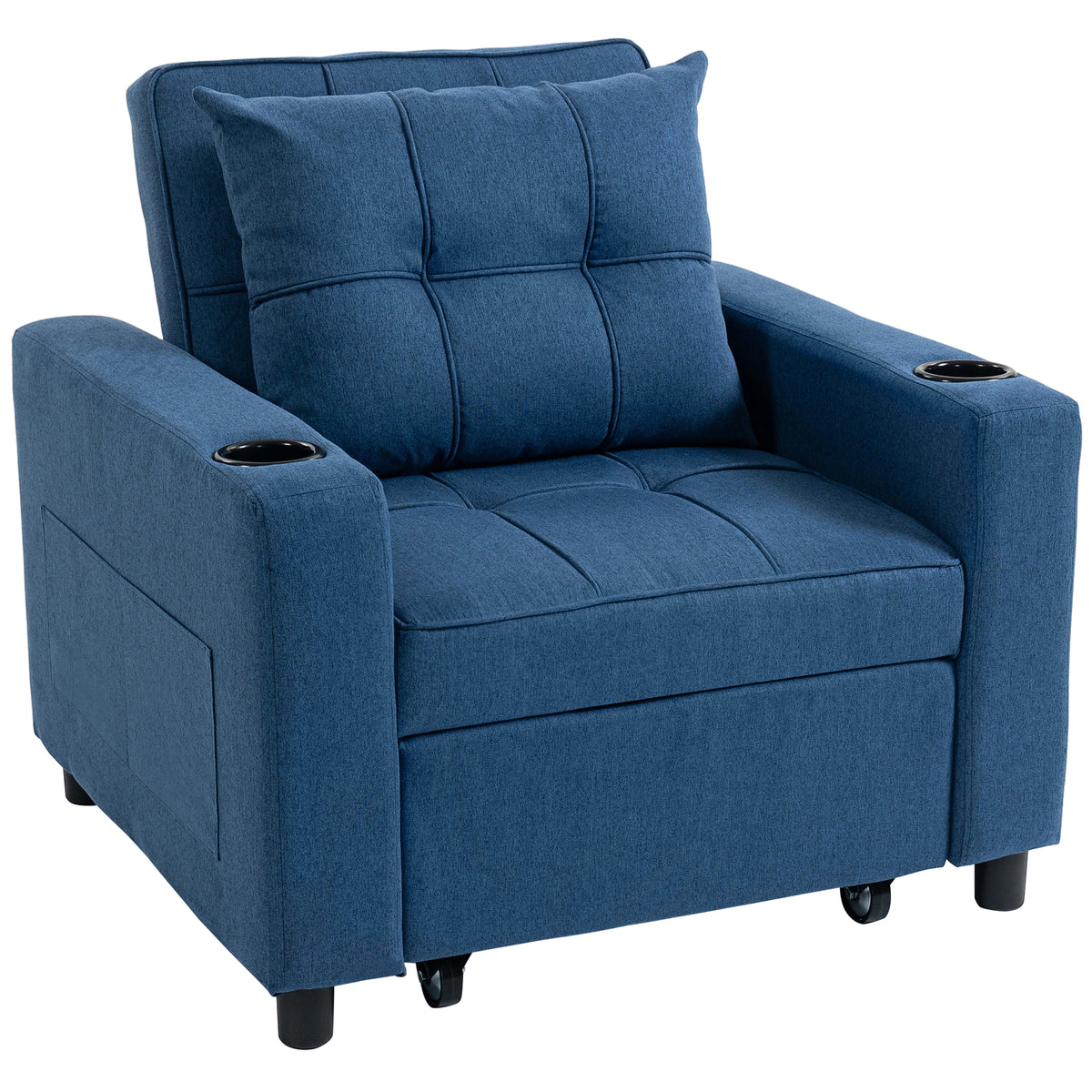3-in-1 Single Sofa Bed with Cup Holders & Side Pockets – Dark Blue
