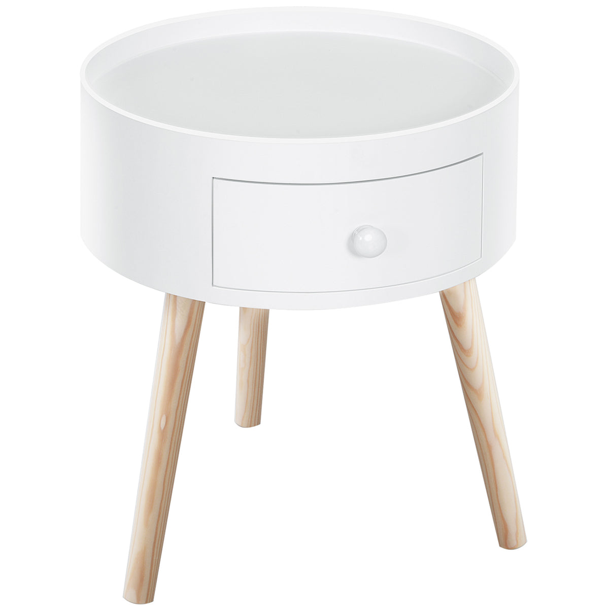 38 cm Round Side Table with Drawer & Wooden Legs – White