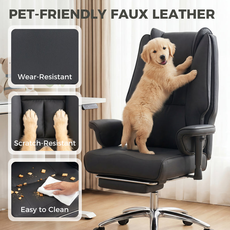 HOMCOM Executive Office Chair, Reclining Desk Chair with Footrest, Adjustable Armrests, Pet Friendly Faux Leather, Black – view 7