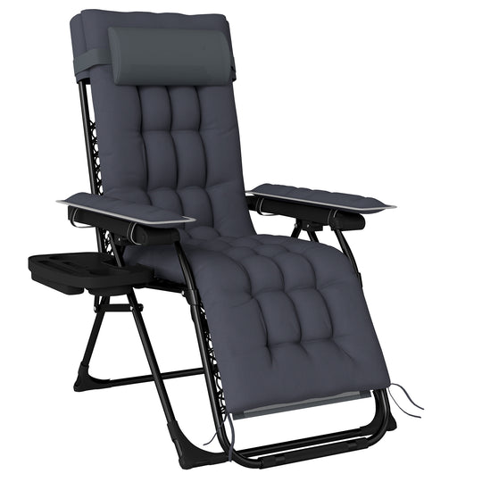 Dark grey folding zero gravity garden chair with cushion, headrest, arm pads and side tray