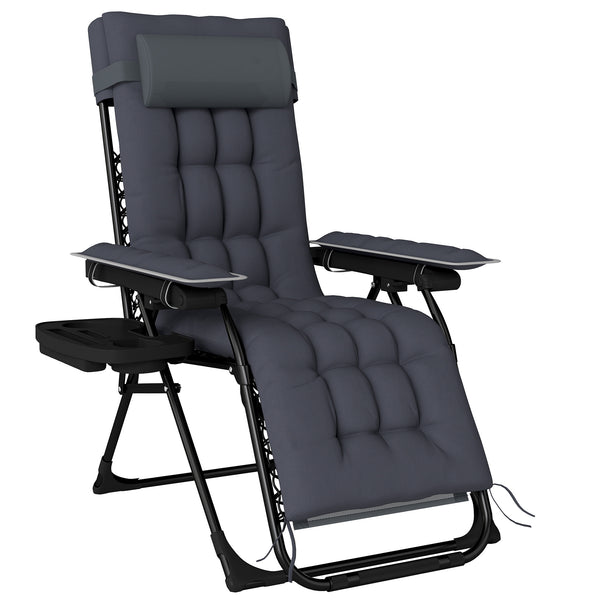 Dark grey folding zero gravity garden chair with cushion, headrest, arm pads and side tray