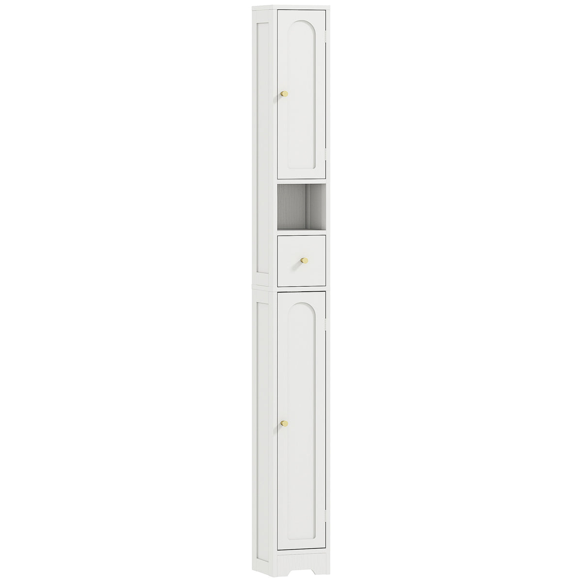 Slim white 185 cm bathroom cabinet with arched doors, drawer and open shelf