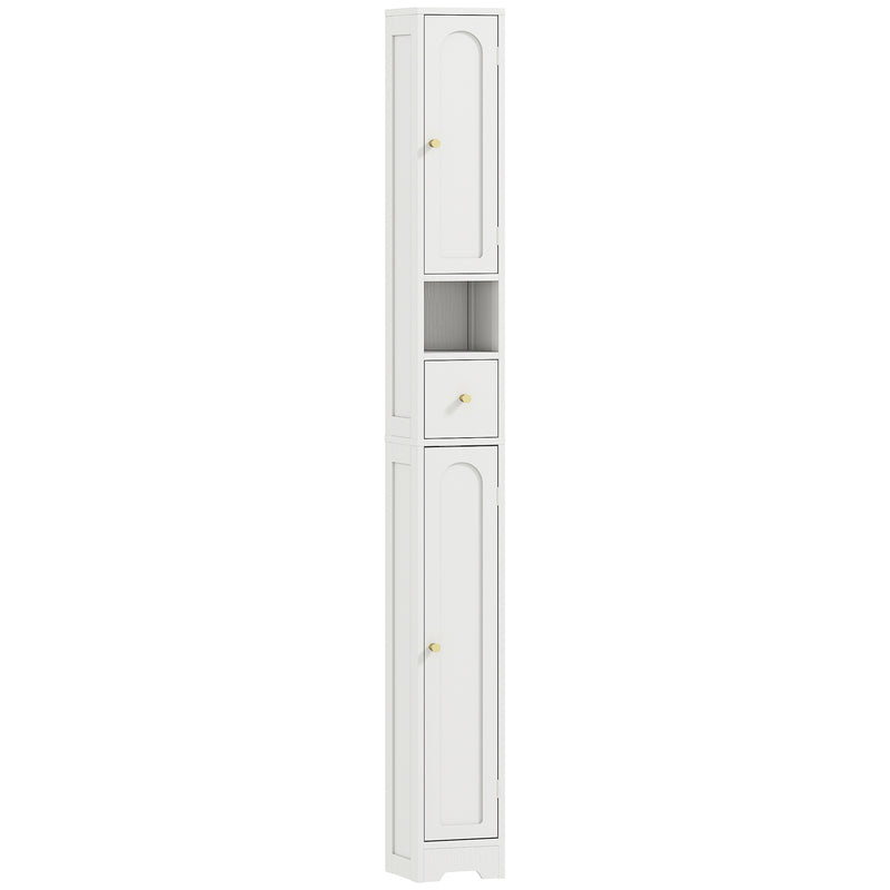 Slim white 185 cm bathroom cabinet with arched doors, drawer and open shelf