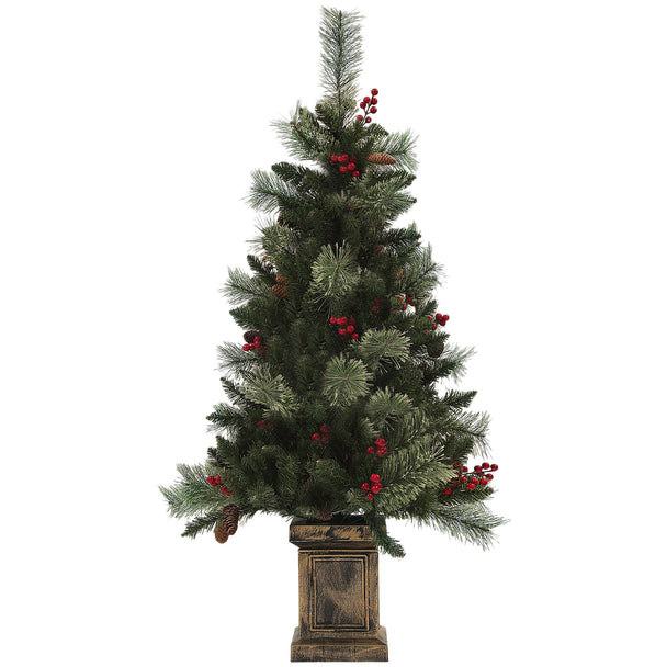 4ft pre-lit green Christmas tree with warm white LEDs, red berries and pine cones in a retro base