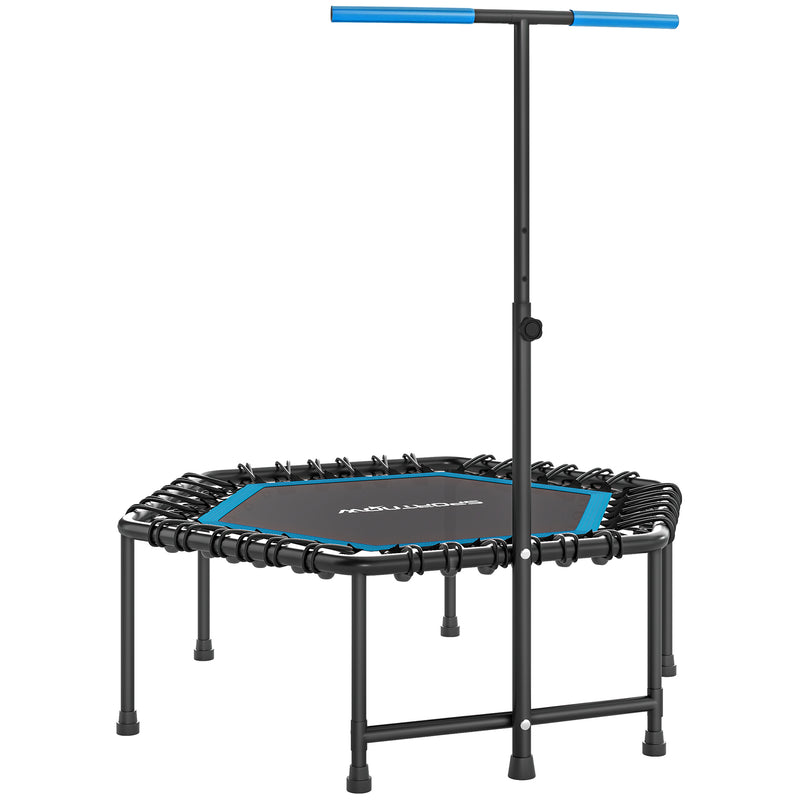 Blue 45-inch bungee rebounder trampoline with LED light strip and adjustable handlebar