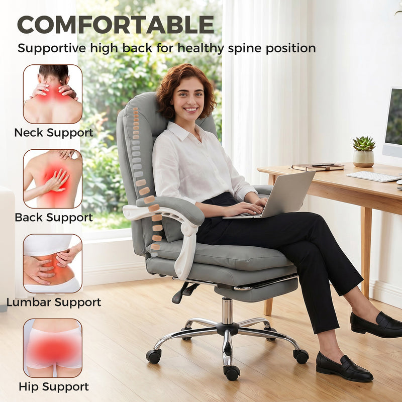 HOMCOM Ergonomic Executive Office Chair, Reclining Desk Chair with Lumbar Support, Footrest, Plush Thick Cushion, Grey – view 4