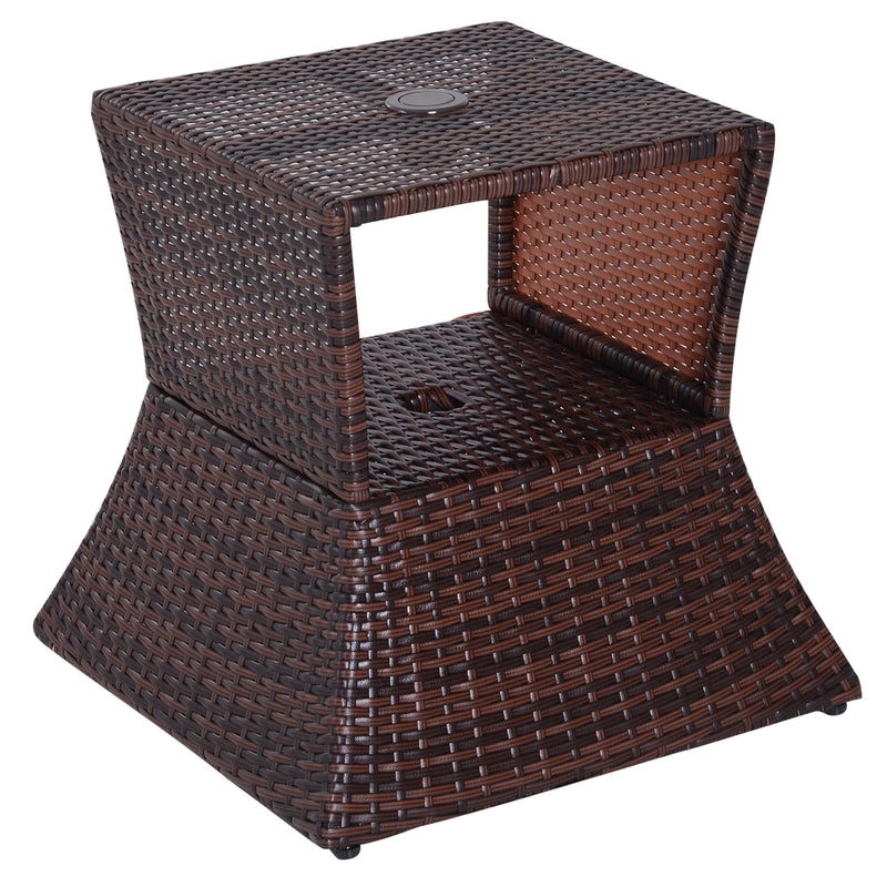 Brown rattan side table with parasol hole and open storage shelf
