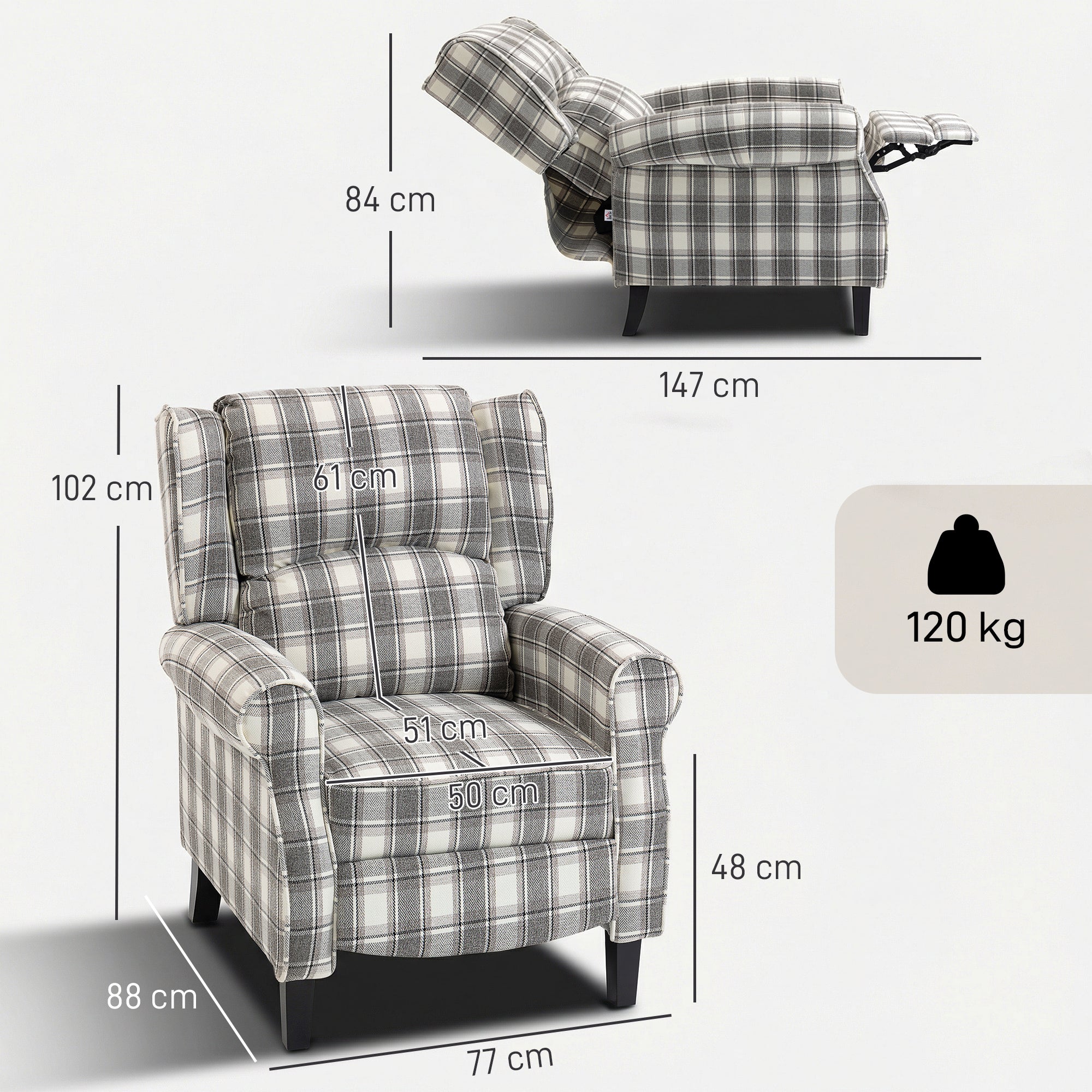160Â° Reclining Armchair, with Footrest - Grey and White