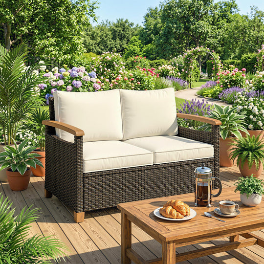 2-seater rattan sofa with acacia arms, brown – image 2