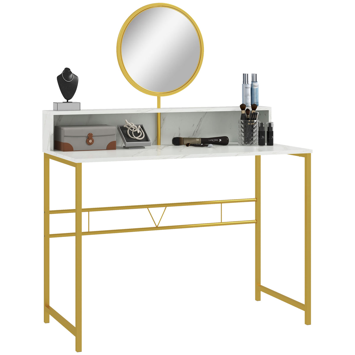 Wide white dressing table with gold steel frame, round rotating mirror and open storage compartment