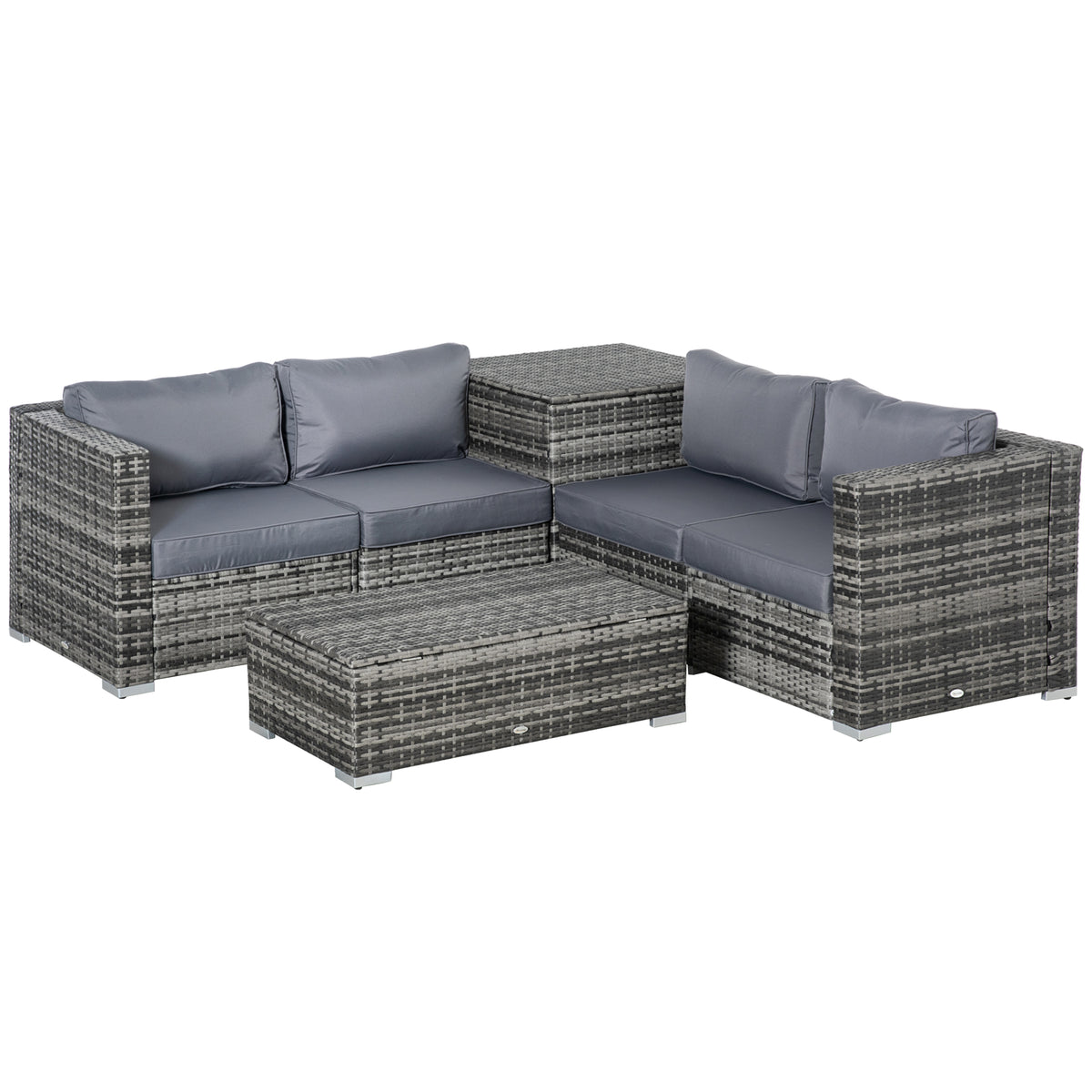 Grey 6-piece rattan corner sofa set with storage coffee table, side table and cushions