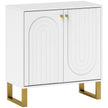 White sideboard with two arched embossed doors, gold-tone handles and legs