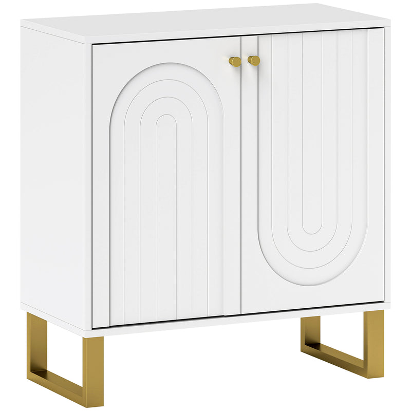 White sideboard with two arched embossed doors, gold-tone handles and legs