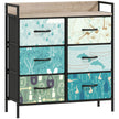 Blue 6-drawer fabric chest of drawers with patterned drawer fronts, steel frame and wood-effect top