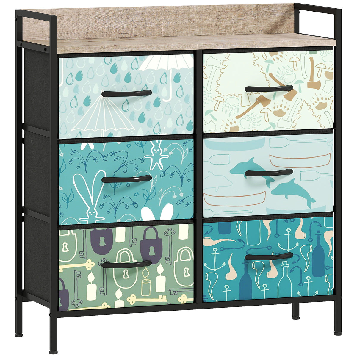 Blue 6-drawer fabric chest of drawers with patterned drawer fronts, steel frame and wood-effect top