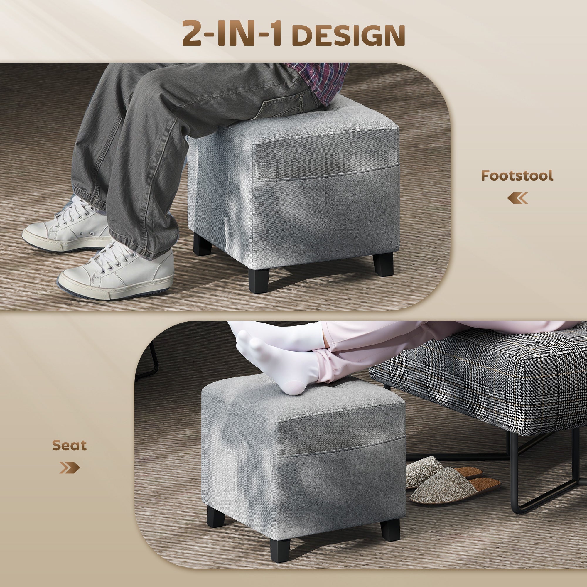 Square Footstool, Small Ottoman with Side Pocket, Linen Fabric Footrest Foot Stool with Rubber Wood Legs and Padded Seat for Living Room, Bedroom, Entryway, 35 x 35 x 35cm, Light Grey