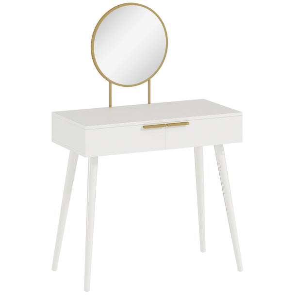 White dressing table with round mirror, two drawers and angled wooden legs