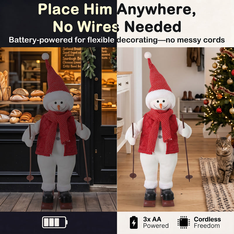 Santa figure displayed beside a Christmas tree