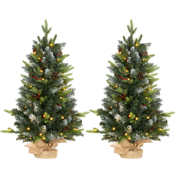 Pair of 3ft pre-lit Christmas trees with snowy tips, red berries and pine cones