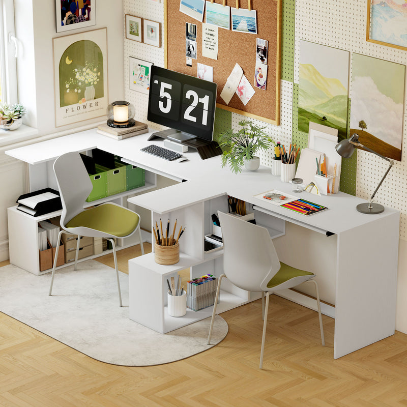 HOMCOM L-Shaped Corner Desk, Computer Desk with Keyboard Tray and Open Shelves, White Wood Effect – view 7