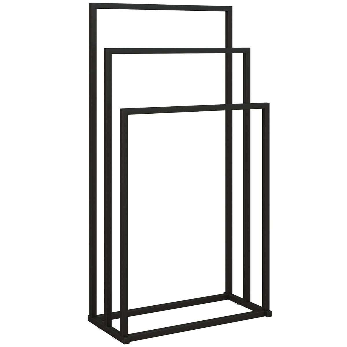Black freestanding steel towel rack with three bars at staggered heights