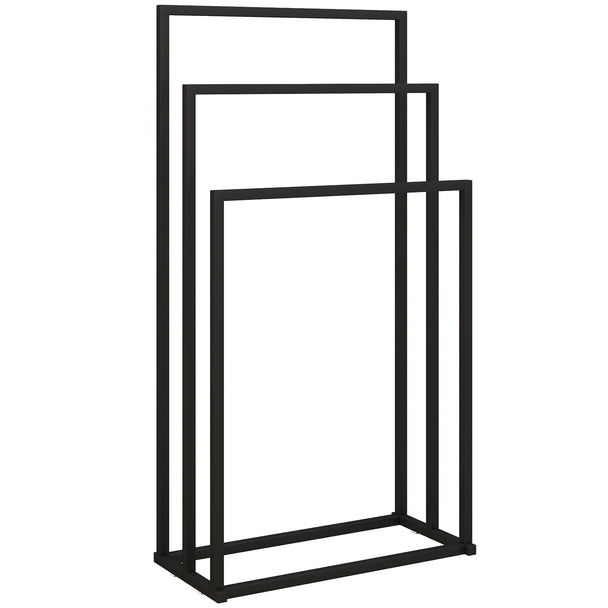 Black freestanding steel towel rack with three bars at staggered heights