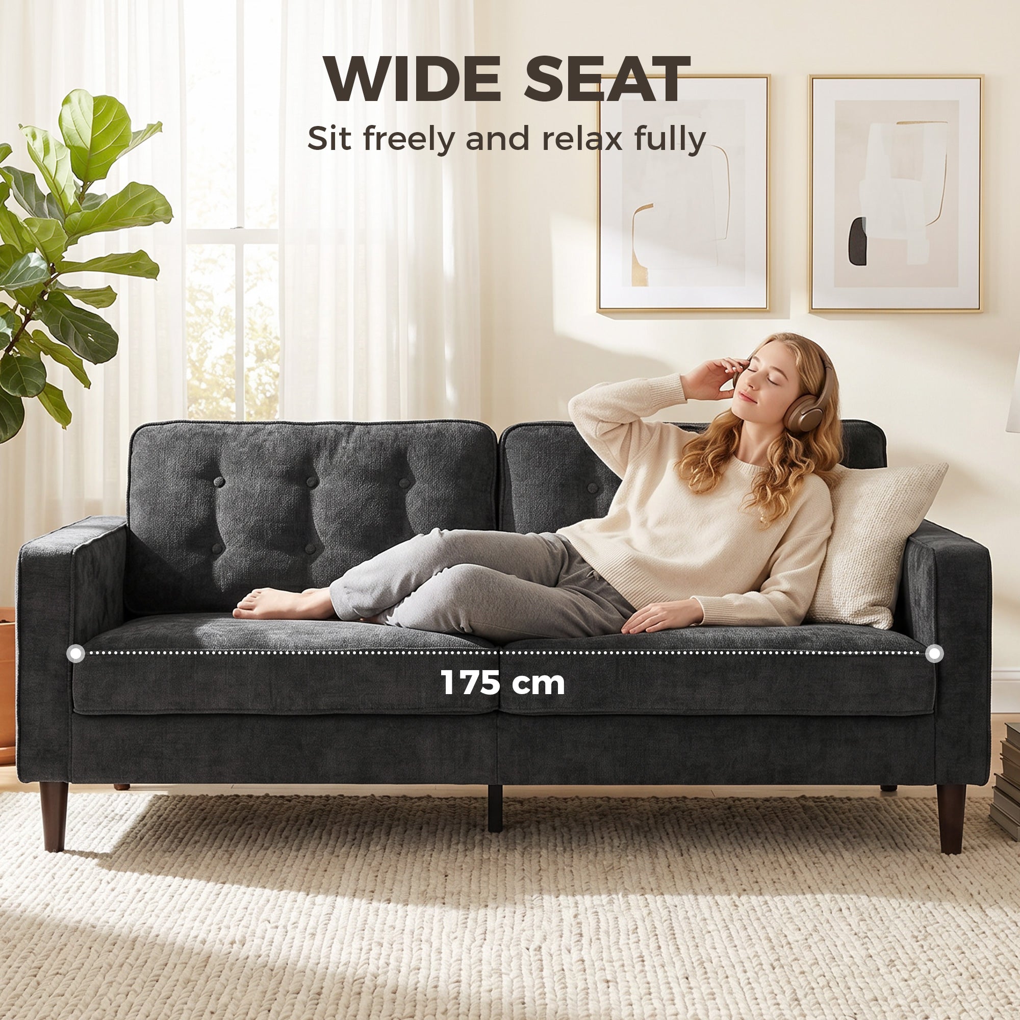 3 Seater Sofa Button Tufted Upholstered Couch with Wood Legs for Living Room, Dark Grey