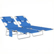 Set of two blue folding sun loungers with padded reading hole and side pockets