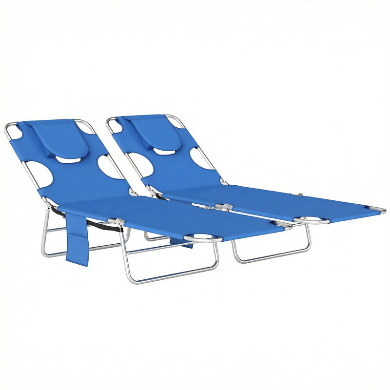 Set of two blue folding sun loungers with padded reading hole and side pockets