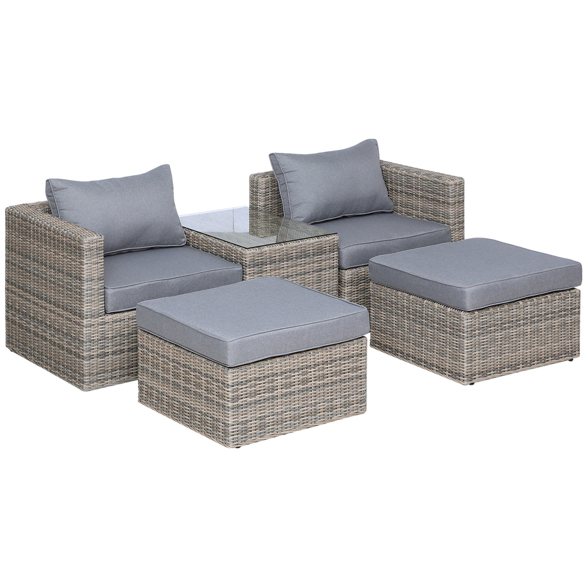 Mixed brown rattan lounge set with two corner armchairs, footstools and glass-top table
