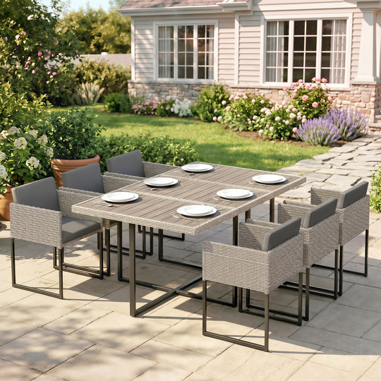 Outsunny 7 Piece Rattan Garden Furniture Set, Garden Dining Set with Wood-Plastic Table and 6 Stackable Chairs, Light – view 2
