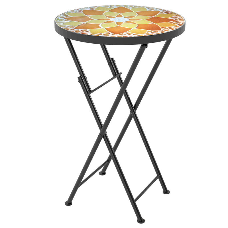 35.5 cm round folding garden side table with yellow and orange mosaic top and black metal frame