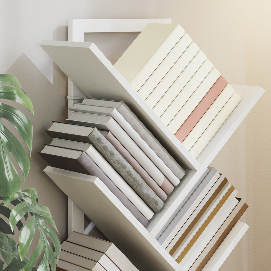 9-Tier Tree Bookshelf, Industrial Free Standing Bookcase with Steel Frame, Display Storage White