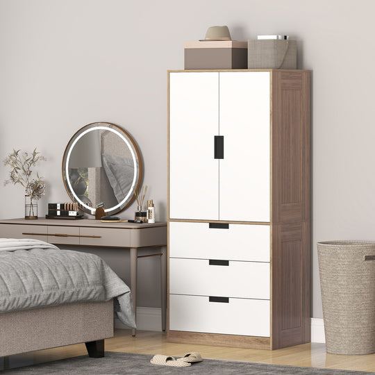 HOMCOM Modern Clothes Storage Cupboard Unit, 3 Drawer 2 Door Wardrobe with Hanging Rod, White/Brown – view 2