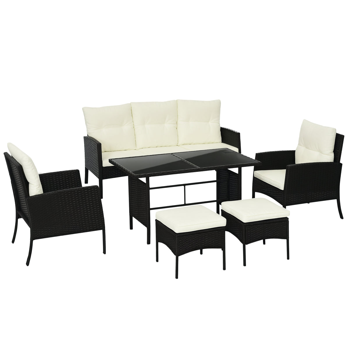 Black 7-seater rattan sofa dining set with cream cushions, footstools and glass table