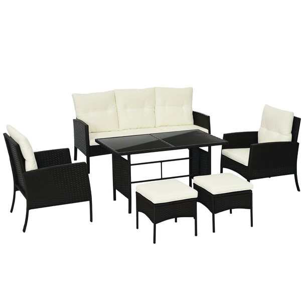 Black 7-seater rattan sofa dining set with cream cushions, footstools and glass table