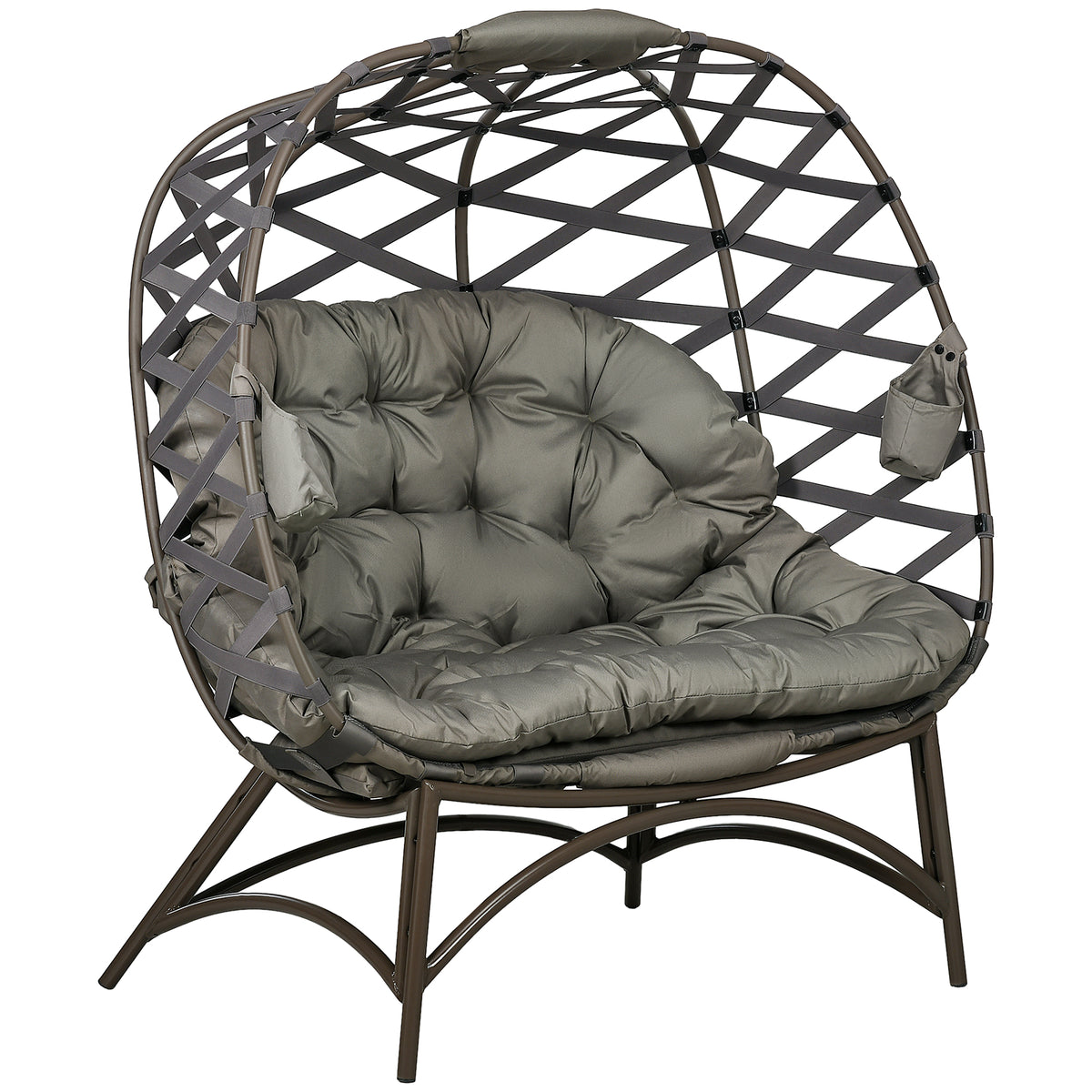 Sand brown 2-seater folding garden egg chair with thick padded cushion and side pockets