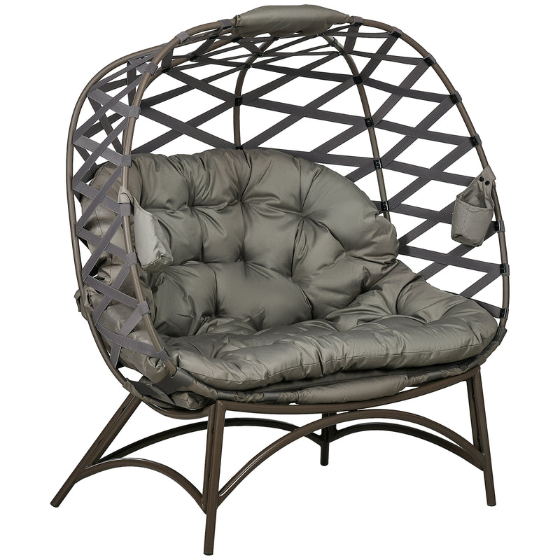 Sand brown 2-seater folding garden egg chair with thick padded cushion and side pockets