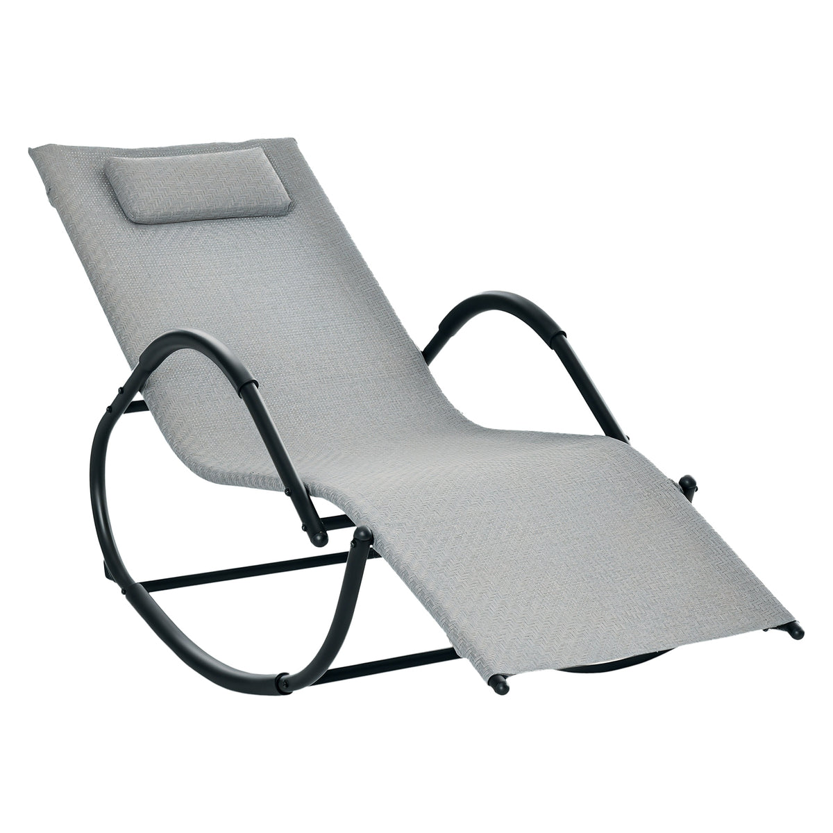 Grey zero gravity rocking lounger with rattan-effect seat and head pillow