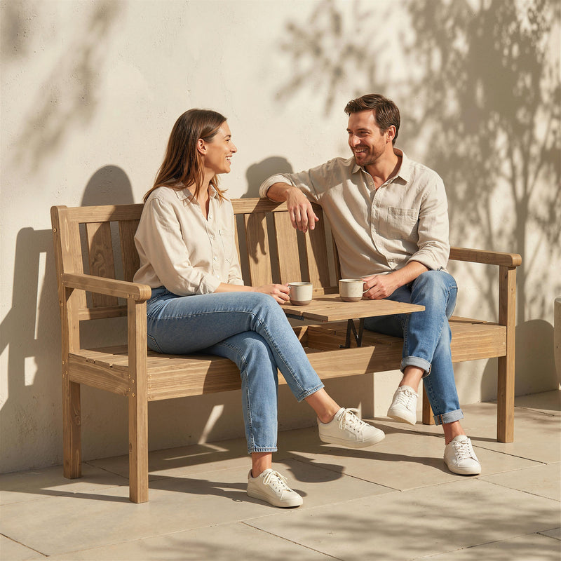 Outsunny Wooden Garden Bench with Liftable Table & Shelf, 2-3-Seater Outdoor Loveseat with Fir Wood Frame, Teak – view 8