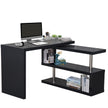 Black L-shaped rotating corner desk with S-shaped multi-tier storage shelves