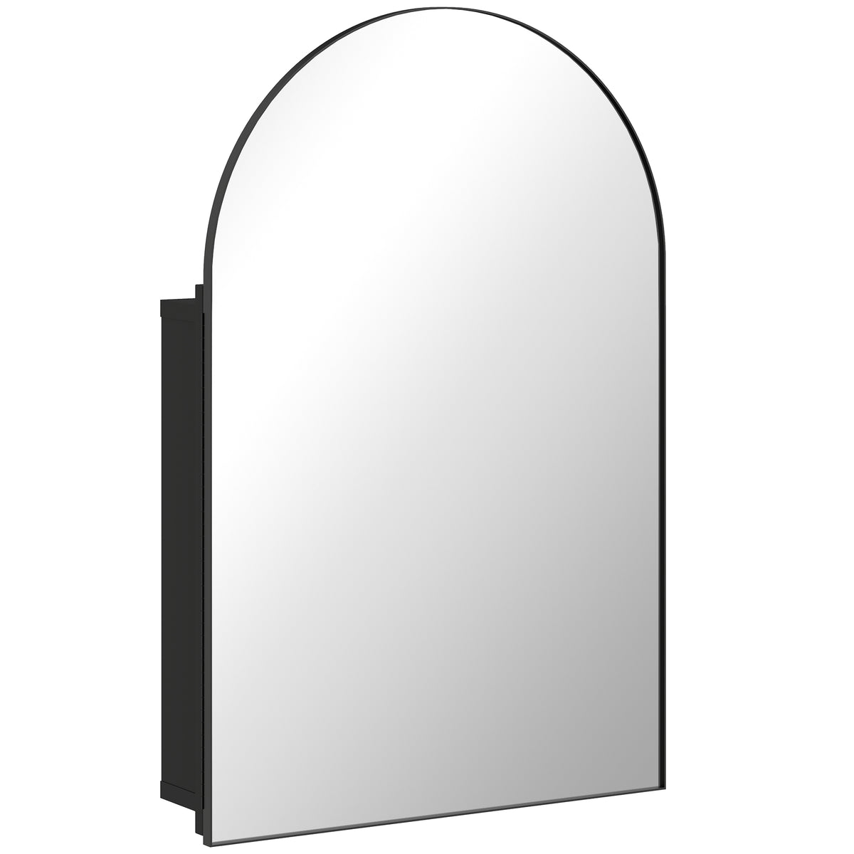 Black arched metal bathroom mirror cabinet with tempered glass door and three internal shelves