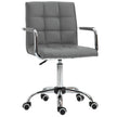 Grey faux leather mid-back desk chair with fixed armrests and five swivel castor wheels