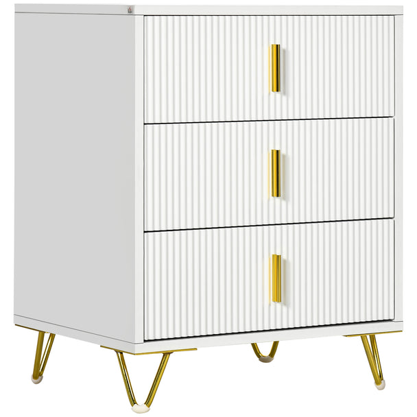 White fluted 3-drawer chest with gold-tone handles and hairpin legs