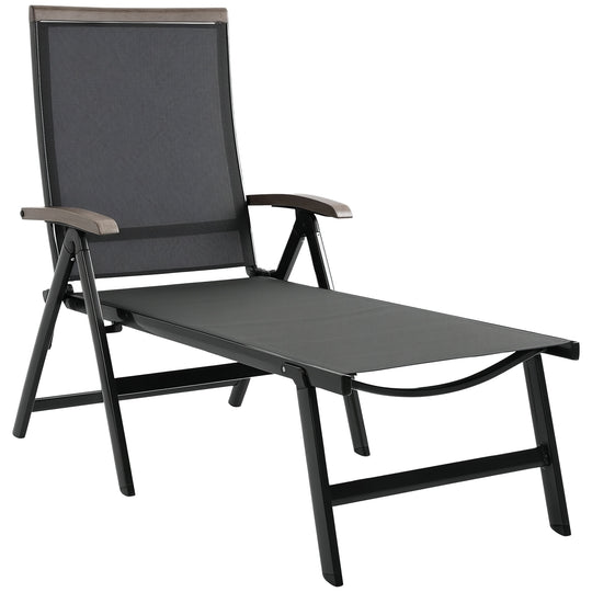 Grey folding aluminium sun lounger with mesh seat, armrests and adjustable backrest