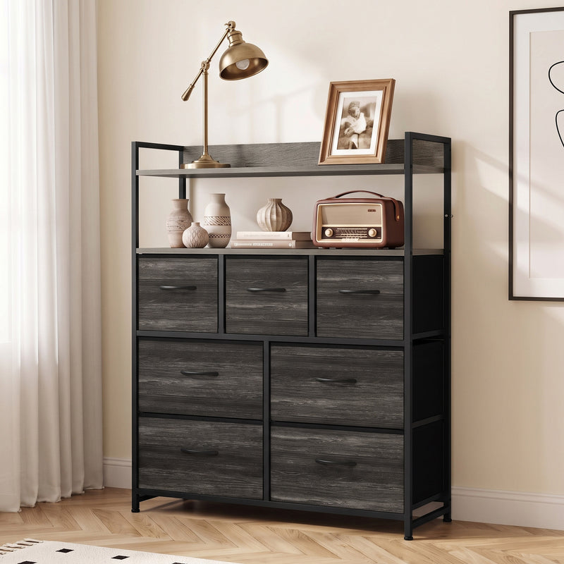 HOMCOM Chest of Drawers, Bedroom Fabric Dresser with 7 Drawers, Storage Organiser Unit with Open Shelves, Grey – view 2