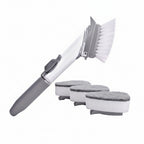 Cleaning brush set with handle and three sponge heads on a white background